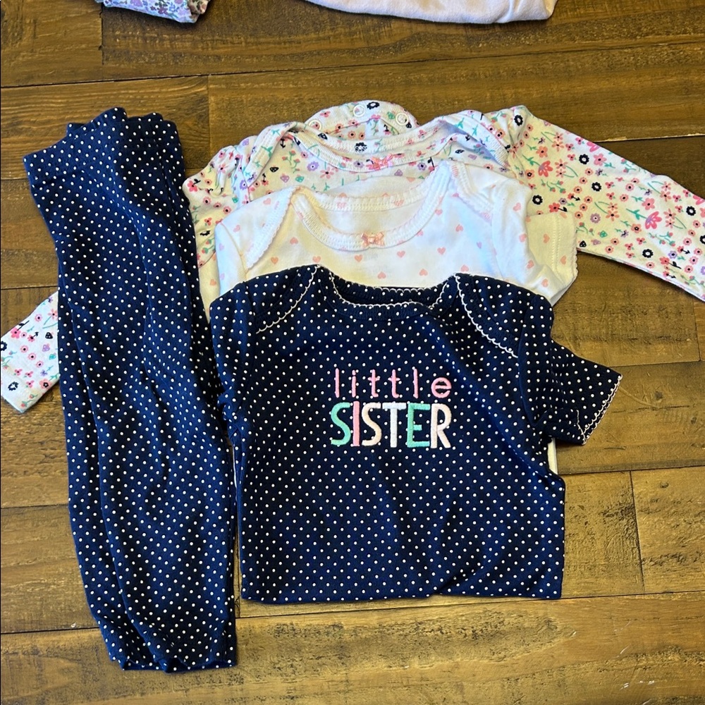 Navy Polka Dot "Little Sister" Girls Pajama Set with Floral Onesies